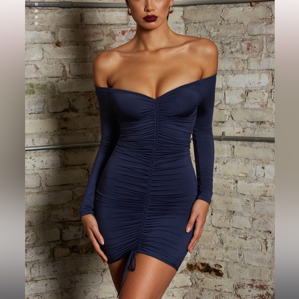 Long Sleeve Ruche Bardot Mini Dress in Midnight Blue